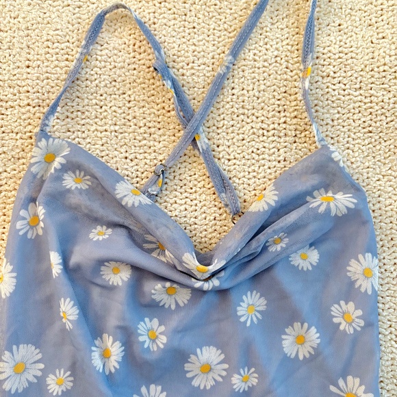 🍒 Blue Mesh Daisy Cowl Neck Mini Dress - Picture 4 of 6